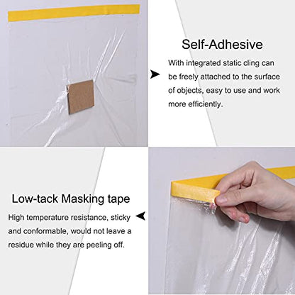 uxcell Pre-Taped Masking Film, 106.3 in x 75 Ft, Plastic Drop Cloth with Low-Tack Painters Tape for Painting Protection - size: 106.3 in X 75 Ft