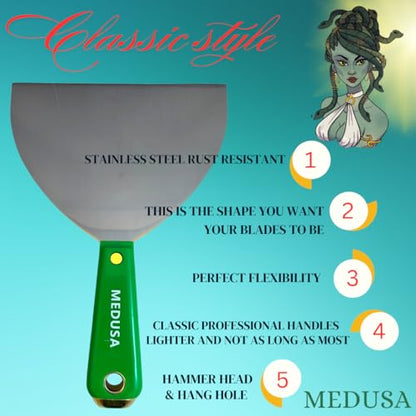 MEDUSA S.S. Drywall Taping Tool Set with Blades, Pan with Grip, Adjustable and reversible S.S. Angle Tool