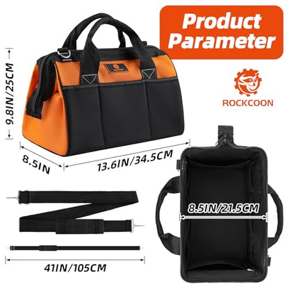 Tool Bag 14'', Thick Outer Pocket Tool Organizer Waterproof, Heavy Duty Tote with Shoulder Strap for Tool Storage, Black & Orange - size: 14 inch