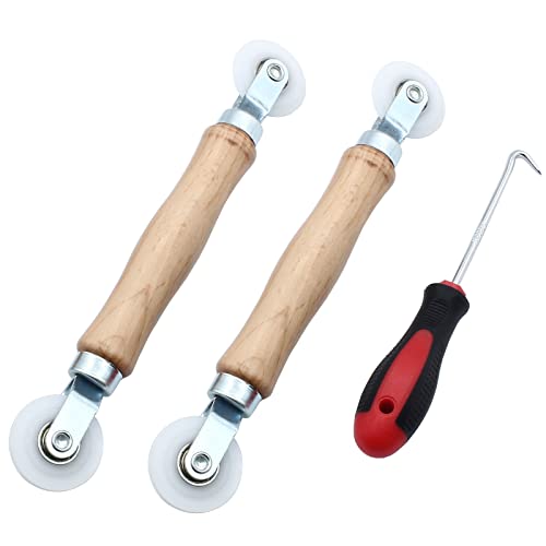 3 Pcs Window Door Screen Repair Kit, Screen Spline Roller Tool with Wooden Handle & Nylon Bearing Wheels and Removal Hook