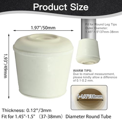 4pcs 1-1/2 Inch Round Chair Leg Tips Caps, Non-Slip Rubber Chair Leg Floor Protectors, White Furniture Leg Caps Fit for 1.45"-1.5" (37-38mm) Diameter Round Feet - size: 1-1/2 Inch-White