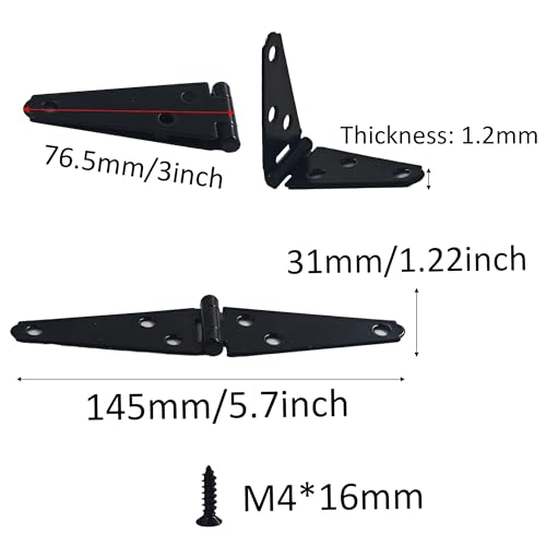 6Pcs 3-Inch Heavy Duty Iron Strap Hinges, Matte Black Gate Tee Hinges for Shed, Fence, Cabinet, Wood Gate Applications with Mounting Screws - size: 3 Inch