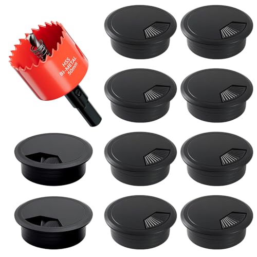 Desk Grommet & Cable Grommet 2 Inch (10 Pack) - Black Desk Hole Cover with Hole Saw - Cable Management Kit for Office, TV Stand, Workstation - Hide Wires Behind Wall, Cable Pass Through (50mm) - color: Grommet Black, size: 2 inch