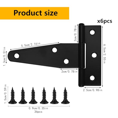 6 Pack 3 Inch T Strap Hinges, Shed Door Gate Hinges, Heavy Duty Black Outdoor Tee Hinge for Wooden Fences, Barn Door Gates Hinge for Shed Door Hardware (6, 3 Inch) - size: 3 Inch