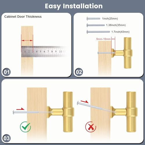 5Pack Single Hole Brushed Brass Cabinet Knobs T Shaped Dold Kitchen Cabinet Knobs Hardware Pull Knob for Cabinets and Drawers 50mm Total Length - color: Brushed Brass, size: Single Hole-2inch Length