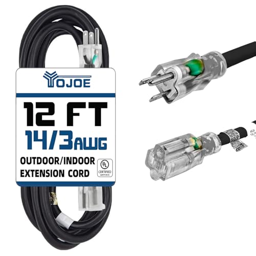 YOJOE Indoor Outdoor Extension Cord with Lighted End, 3 Prong 15A Weatherproof Power Cord, 14 Gauge Heavy Duty 12 ft Black Extension Cord for Garage, Garden and Home, 14/3 SJTW UL Listed - color: Black, size: 12 Foot