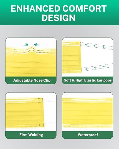 Disposable Face Masks Made in USA, 4 Ply for Families, Students, Breathable All-Day Wear & Safety, FSA HSA Eligible, ASTM Level 3 Medical Grade, 50 Pack, Bright Yellow - color: Bright Yellow, size: 50 Pack, style: Resealable Bag