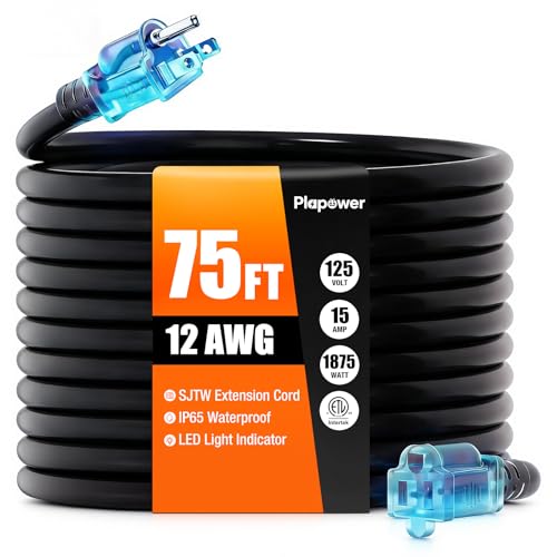 Outdoor Extension Cord 75 FT Waterproof, 12/3 Gauge Heavy Duty 3 Prong Power Cord with Lighted Indicator End, 15A 125V 1875W SJTW, ETL Listed, Great for Lawn/Garden/Home(Black) - color: Black, size: 75 FT