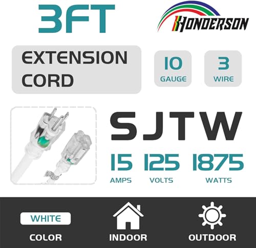 Extension Cord Weatherproof with Lighted End, UL Certified, 10 Gauge 3FT White 3 Prong Heavy Duty, 10/3 SJTW 15A Power Cord for Lights, Lawn - size: 3FT, style: 10/3