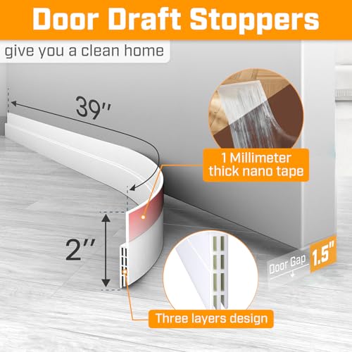 Door Draft Stopper, Under Sweep for Bottom of Door, Weather Stripping Seal, Garage Window Blocker for Noise and Cold Air, Installs Quickly and Easily, White 2" W x 39" L (39" L - 2 Pack) - size: 39" L-2Pack