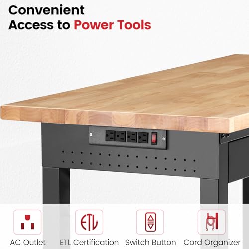 ENJOYWOOD 60" x 22" Heavy Duty Workbench Adjustable Height Garage Work Table with Solid Rubberwood Top, Drawer & Power Outlets for Workshop, Home & Office - size: X-Large