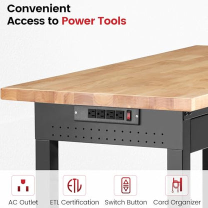 ENJOYWOOD 60" x 22" Heavy Duty Workbench Adjustable Height Garage Work Table with Solid Rubberwood Top, Drawer & Power Outlets for Workshop, Home & Office - size: X-Large