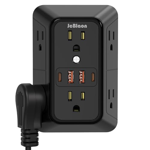 USB Wall Charger Power Strip Surge Protector with 4 USB Ports (2 USB C) Plug Extension Multiple Outlets Plug Extension in Adapter Spaced Outlets for Home Office Travel,White (Black) - color: Black-6 Outlets