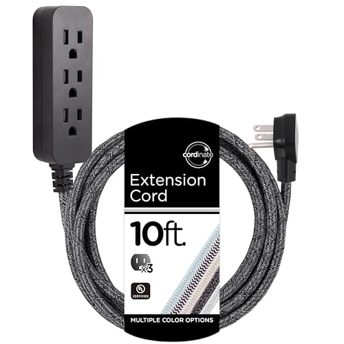 Cordinate 3 Outlet Power Strip Surge Protector Indoor Extension Cord 16 Gauge 245 Joules 10 Ft 3 Prong Braided Extension Cords Flat Extension Cord ETL Listed Gray 43013 - color: Gray, size: 10 Ft