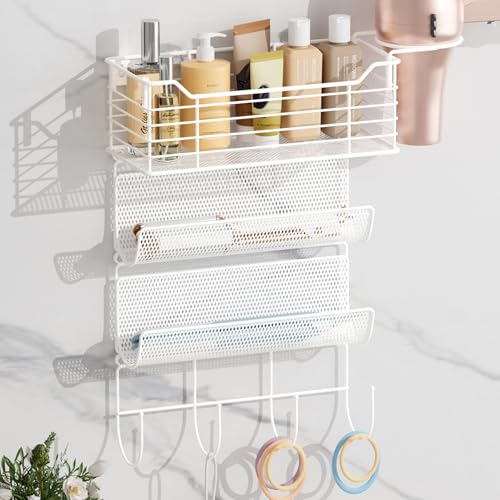 VITVITI Metal Hair Tool Organizer Wall Mount, Hair Dryer Holder with 3 Tier Shelf Basket Hooks, Bathroom Hair Styling Tool Organizer for Curling Iron/Blow Dryer/Straightener, White - color: 4 Tiers White