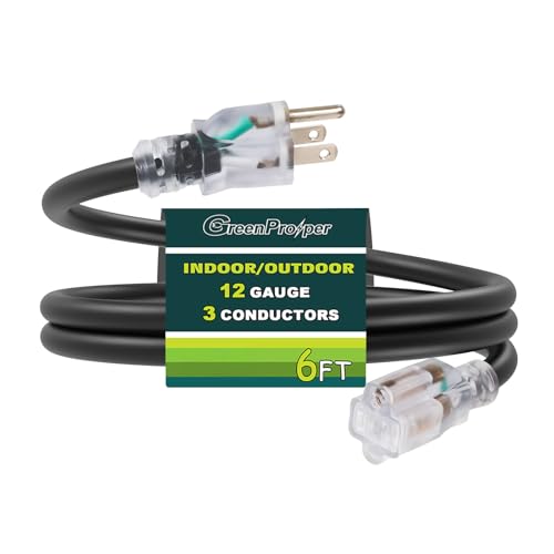 6 FT Black Extension Cord with Lighted End, 12 AWG 3 Prong Indoor Outdoor Heavy Duty Waterproof Power Cable for Major Appliance, 12/3 SJTW UL Listed - color: Black, size: 6 FT