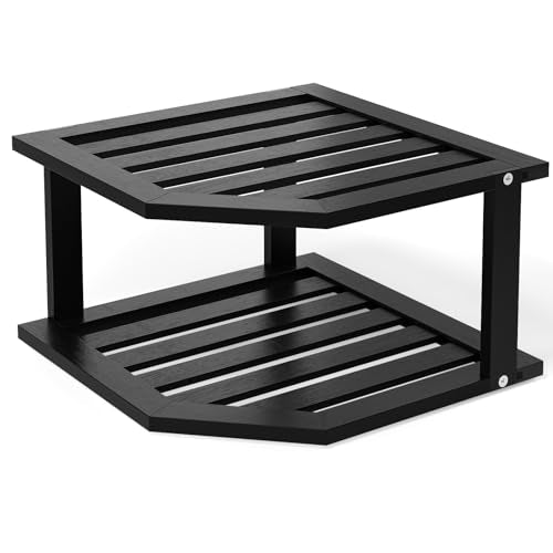 VERTORGAN Bamboo Corner Shelf,2 Tier Plate Organizer for Cabinet and Countertop,Pantry Dish and Spice Rack for Kitchen（Black） - color: Black, size: 1 Pc