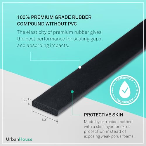 Neoprene Waterproof Rubber Foam 1/2” (w) x 1/8” (h) x 48’ (l) Weather Stripping Door Seal Insulation Shock-Absorbing 3M Self-Adhesive Tape for Door Frames, Windows – Black, 1 Continuous Roll - size: 1/2" X 1/8" X 48'