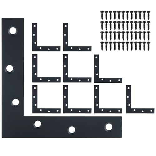 Mooche L Flat Brackets for Wood, Corner Bracket Black Corner Brace Mending Plate Repair Stainless Steel Flat Braces for Tables Chairs Sofas Beds Cabinets Doors (10Pack L-Shaped 120mmX120mm Black)