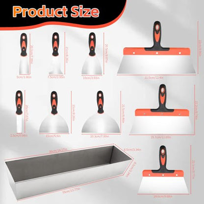 Drywall Knife Set, 10 Pcs Stainless Steel Drywall Hand Tool Kit Includes Putty knife, Taping knife, Painter Scraper Tool & Mud Pan for Joint Taping, Finishing, Patching on Wallpaper