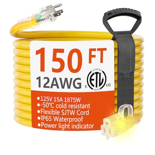 HUANCHAIN 150 ft 12/3 Gauge Outdoor Extension Cord Waterproof Heavy Duty with Lighted end, Flexible Cold-Resistant 3 Prong Electric Cord Outside, 15Amp 1875W 12AWG SJTW, Yellow, ETL - color: Yellow, size: 150ft