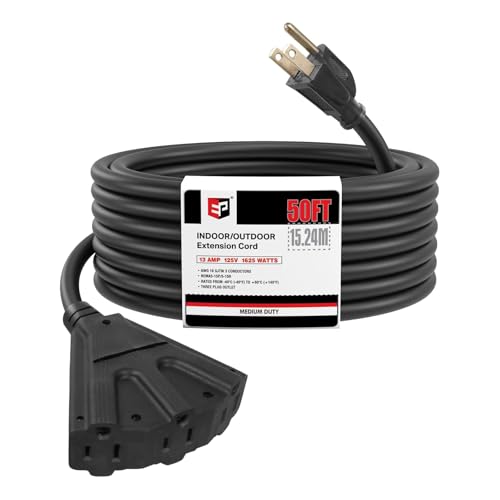 EP 50 Ft 16 Gauge Black Indoor Outdoor Extension Cord with 3 Outlets, 13A 1625W 125V, 16/3 SJTW Power Cord, 3 Prong Grounded Plug for Lights, Garden and Major Appliances, ETL Listed - color: Black, size: 50ft