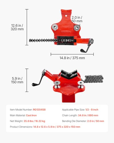 VEVOR Heavy-Duty Pipe Chain Vise, 1/2" - 8" Pipe Capacity, 34.6" Rugged Chain & Cast Iron Base, Industrial-Grade Pipe Clamping for Plumbing, Automotive Repairs, Metalworking - size: 1/2" - 8" Bench Mount