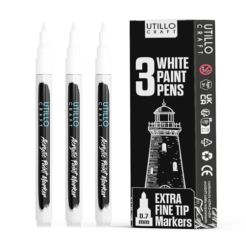 Utillo Craft White Paint Pen (3-Pack) Extra Fine White Paint Markers for Metal, Fabric, Wood, Glass, Paper, Plastic, Rock, Leather | Bold Color Permanent White Acrylic Paint Pen 0.7mm | Artist DIY - color: White, style: Extra Fine 3PK