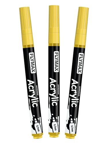 FLYMAX Yellow Marker Paint Pens - Permanent Marker Pens Yellow Acrylic Paint Water-Based 0.7mm Fine Tip Waterproof Quick-Drying (3 in 1Pack) - color: Yellow