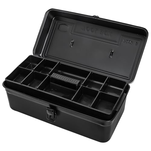 Tosnail Metal Tool Box, 14" Portable Empty Toolbox with Handle, Latch Closure and Removable Divided Storage Tray, Heavy Duty Craftsman Tools Organizer, Black