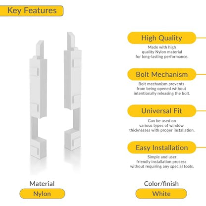 Brixwell Slide Bolt Set, Nylon Construction with White Finish, 4" Length, Left and Right Hand, Security Bolt for Windows, Doors, Sash Frames, Patio, and Storm Hardware, Pack of 5