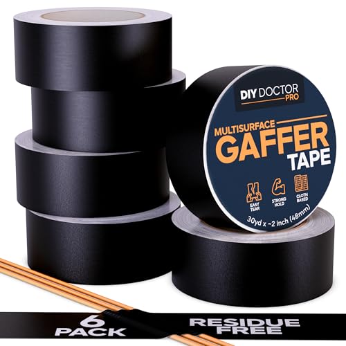 DIY Doctor Pro Professional Gaffer Tape ~2 Inch (48mm) Black – Matte Cloth Gaffers Tape for Stage, Floor & Cable Management – Strong Adhesive, No Residue, Non-Reflective - 6 Pack - size: 6 Pack