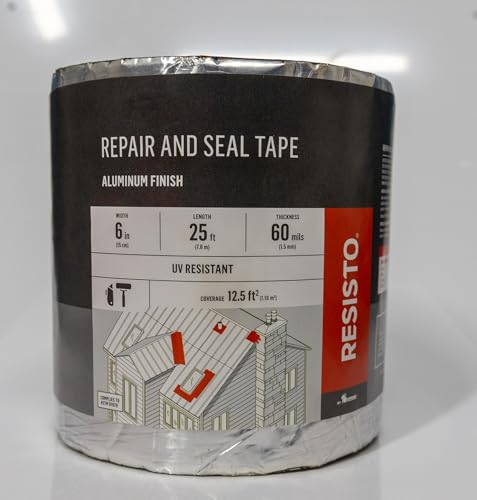 RESISTO Repair and Seal Tape, Aluminum Foil Surface, 6 Inch x 25 Foot, Rubberized Asphalt Compound, Self-Adhesive, Waterproof, UV Resistant, 60mil Thickness, Multi-Surface