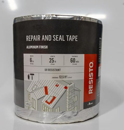 RESISTO Repair and Seal Tape, Aluminum Foil Surface, 6 Inch x 25 Foot, Rubberized Asphalt Compound, Self-Adhesive, Waterproof, UV Resistant, 60mil Thickness, Multi-Surface