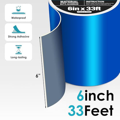 Blue Waterproof Butyl Tape, 6 in x 33ft - W x L, Self Adhesive Butyl Rubber Sealant Tape for RV Repair, Metal Roof Sealing, Pool Cover, Awning, Pool Liner, Window Patching & Boat Leaking - size: 6in x 33ft