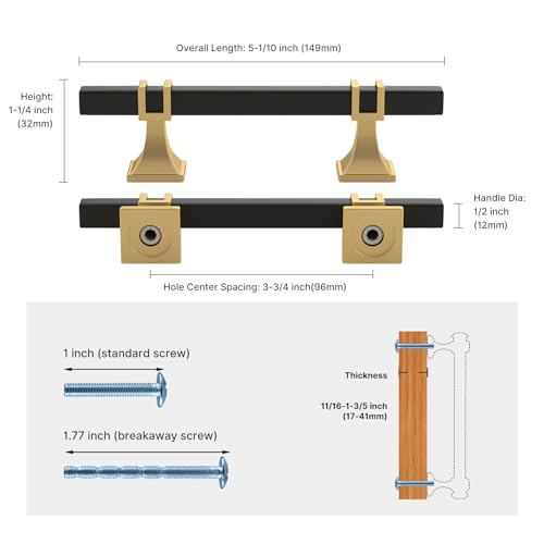 Haliwu 6 Pack 3-3/4 Inch Black and Gold Cabinet Pulls Matte Black Drawer Handles Square 2 Tone Hardware for Kitchen Cupboard - color: Black and Matte Gold, size: 96mm(3-3/4 inch)