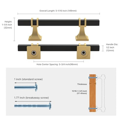 Haliwu 6 Pack 3-3/4 Inch Black and Gold Cabinet Pulls Matte Black Drawer Handles Square 2 Tone Hardware for Kitchen Cupboard - color: Black and Matte Gold, size: 96mm(3-3/4 inch)