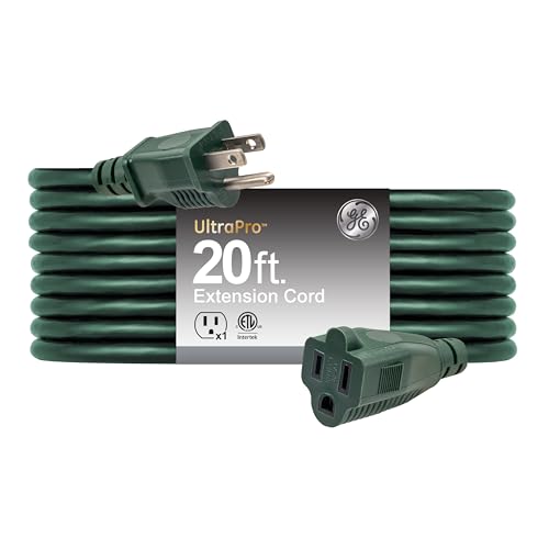GE Outdoor Extension Cord, Long Heavy Duty Power Cord, 13 Amp 20 Ft 16AWG 3 Prong Extension Cord Outdoor, ETL Listed, Green, 81599 - style: 20 Ft Green Cord