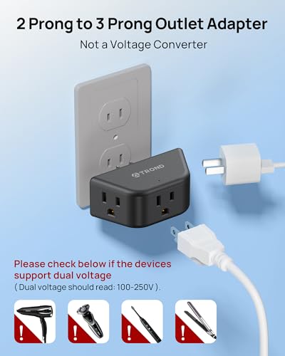 TROND 2 Prong to 3 Prong Outlet Extender, 3-Way Angled Plug Adapter with 3 AC Sockets, Wall Splitter for Non-Grounded Outlets in Old House, Cruise Ship Travel Essentials, Black - color: Black, size: 3AC-2 Prong Plug, 1 Pack