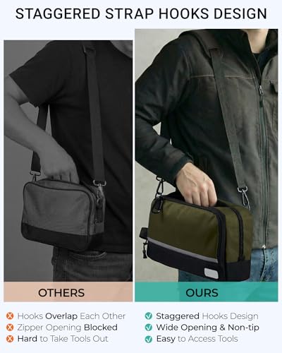2 Pack Small Tool Bags Zipper Pouch for Organizing, with Adjustable Shoulder Strap & Carabiner, Utility Small Tool Pouch with Multi Pocket Compartments and Label Area (12" & 10") - color: Orange/Green