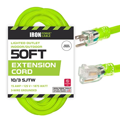 Iron Forge Cable 10 Gauge Extension Cord 50 ft, 10/3 Heavy Duty Extension Cord 50 Foot 3 Prong Lighted End, SJTW Light Green Outdoor Power Cable for Major Appliances, 15 AMP - US Veteran Owned - color: Neon Green, size: 50 Foot