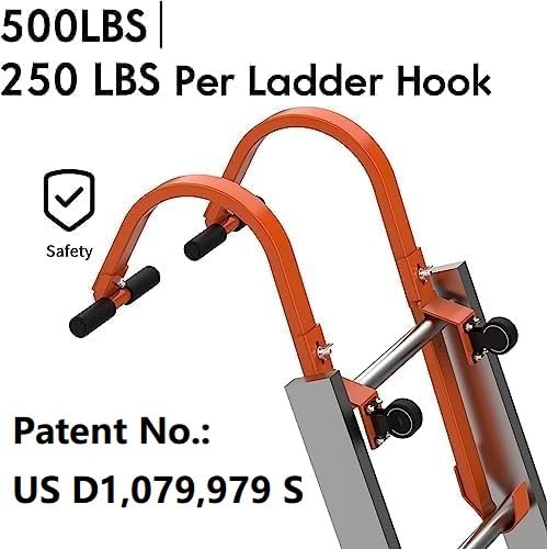 Roof Ladder Hook, 2 Pack Ladder Stabilizer, Heavy Duty Steel 500 Lbs Weight Ratin, Roof Ridge Extension with Wheel for Safe and Easy Access - color: Orange-Steel-Ladder Hook