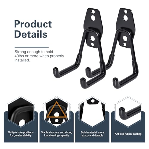 2 PCS Garage Storage Utility Hooks, Heavy Duty Metal Wall Mount Hooks, U Hook Garage Garden Tool Organizer, Fit for Cord, Ladders, Bikes, Tools, Bulky Items (Black) - size: U hooks