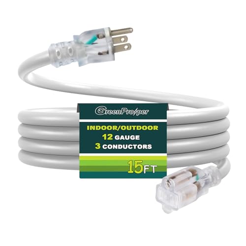 15 FT White Extension Cord with Lighted End, 12 AWG 3 Prong Indoor Outdoor Heavy Duty Waterproof Power Cable for Major Appliance, 12/3 SJTW UL Listed - color: White, size: 15 FT