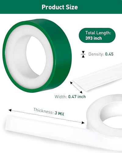 4 Roll Plumbers Tape, -374 to 536 Degree F Temperature Range, Teflon Plumbing Tape, High Density 0.45g/cm, Used for Water Pipes, faucets, valves, L 390 in x W 0.47 in³.Green - style: Green 0.47 in *4 Roll