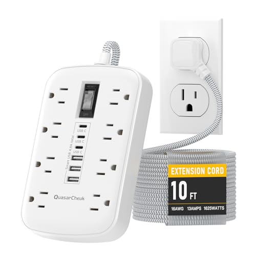 10Ft Extension Cord with Multiple Outlets, Flat Plug Surge Protector Power Strip 10 Ft Long Cord, 8 Outlets & 6 USB (3 USB C), Desk Charging Station for Home Office, College Dorm Room Essentials - size: 10 FT