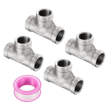 uxcell 4 Pcs 304 Stainless Steel Tee Pipe Fittings G3/8" Female Tee Adapter 3 Way t Shaped Cast Pipe Fitting Connector with Seal Tape for Plumbing Drainage Pipes Heating Systems - size: G3/8"