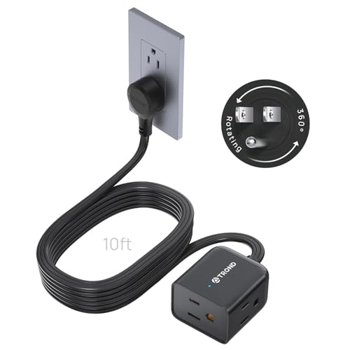 TROND 360° Rotating Flat Plug Extension Cord 10ft, Low Profile Small Power Strip, 3 Side Grounded Outlet, 13A, SPT 16/3 Gauge Cable for Indoor Home Office Kitchen Cruise Travel Essentials, Black - color: Black, size: 10 ft, style: No Surge Protection