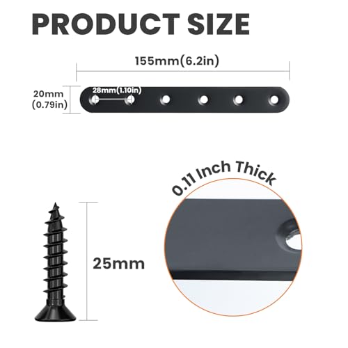 Alise 6-1/5-Inch Length Stainless Steel Flat Bars Straight Brace Heavy Duty 3-mm Thick Brackets Mending Plates Repair Fixing Bracket,4 Pcs Matte Black Finish - color: Black, size: 6-1/5 Inch