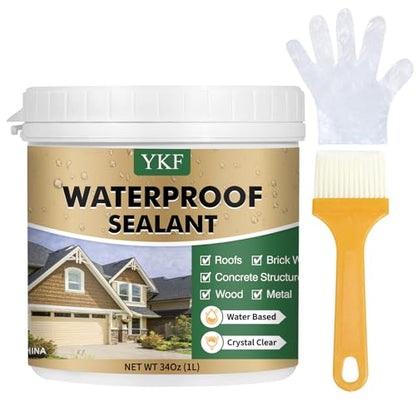 YKF 34oz Clear Transparent Waterproof Sealant, Water-Based Invisible Repairing Leak Agent for Roofs, Walls, Bathroom, Kitchen, Garden, Indoor & Outdoor Waterproof Coating - style: Crystal Clear 34 OZ